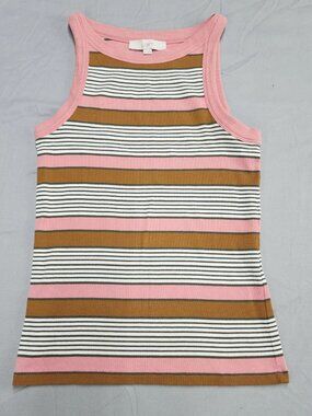 LOFT Women's S Tank Top Striped Ribbed Knit Crew Neck Multicolor Pink Cotton